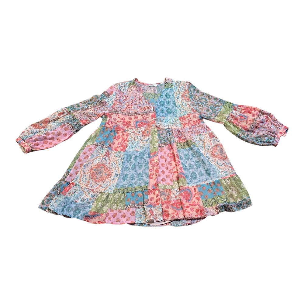 Sunday Up Boho Patchwork Tunic Balloon Sleeve Button Up Dress Oversized Small
